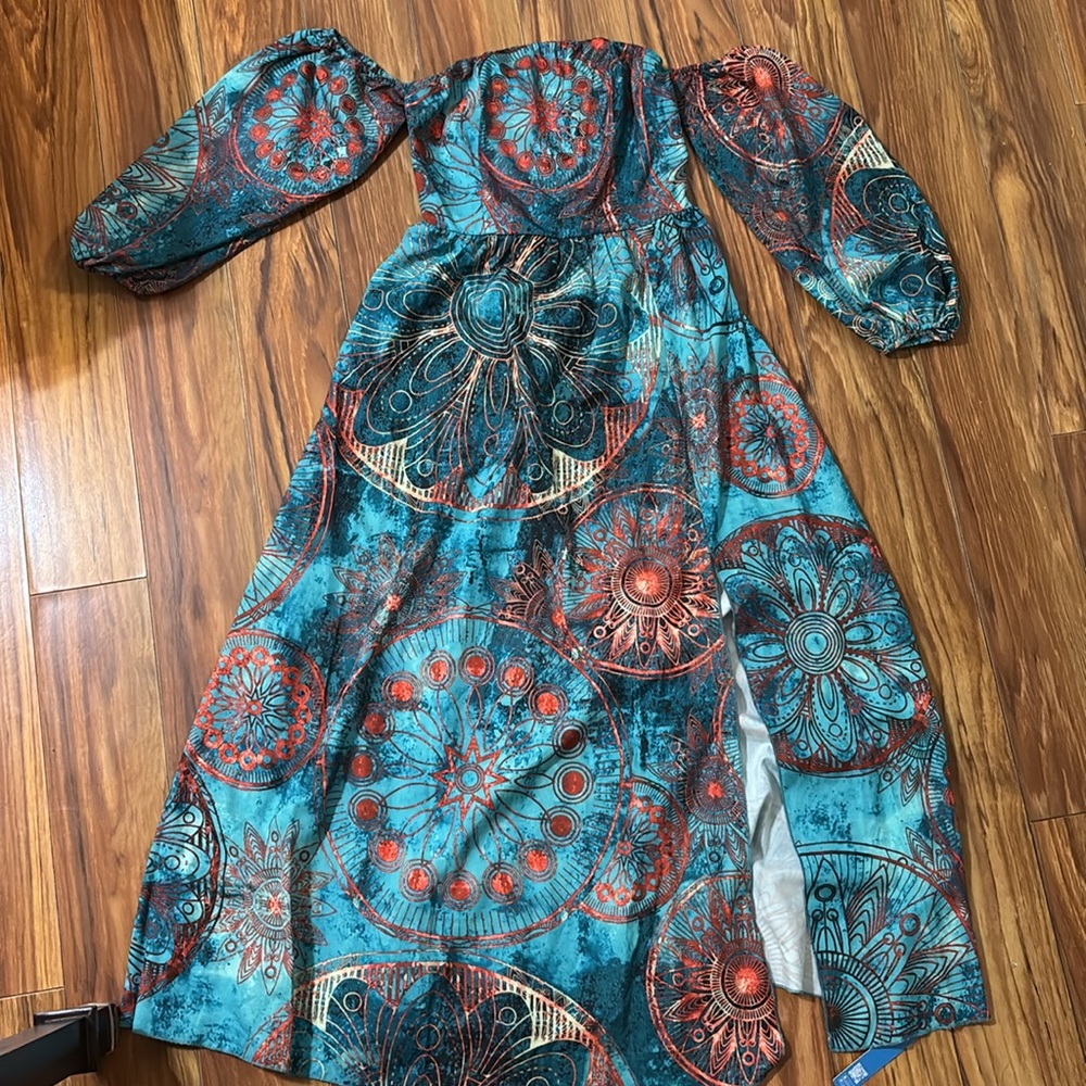 Cupshe teal blue & orange off the shoulder maxi dress, size small, NWT. - Picture 8 of 16